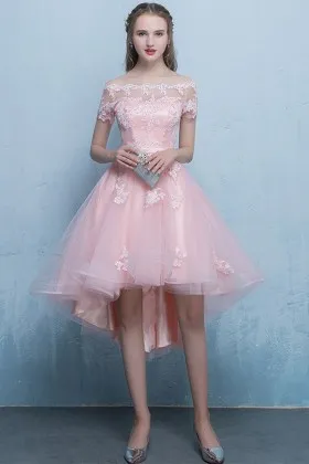 baby pink high low off shoulder homecoming dress