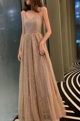 shimmering nude glitter tulle A line long prom gown