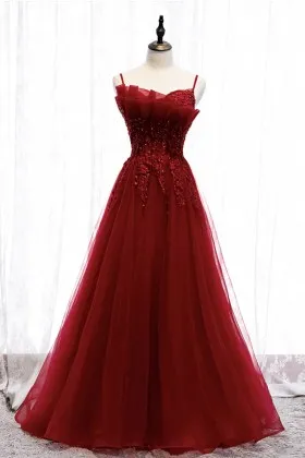 bias drapped beaded lace and tulle ruby prom gown