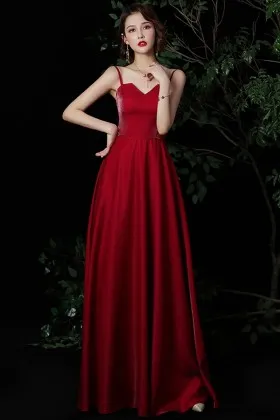 simple yet elegant dark red satin A line prom dress
