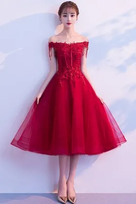 sophisticated dark red lace tulle tea length prom gown
