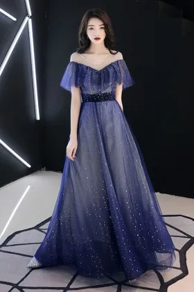 breathtaking space blue glitter tulle formal dress