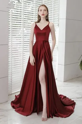 seductive dark red satin thigh high slit prom dress