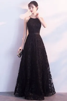 exquisite black lace halter neck A line prom dress
