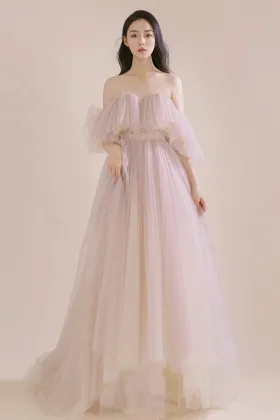 one of a kind ruffled pale pink tulle prom dress