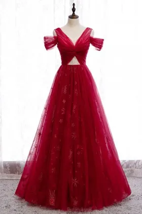 cute crimson tulle V neck twisted cut out prom gown