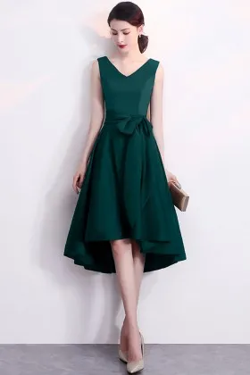 simply dark green satin bow tie high low bridesmaid dress