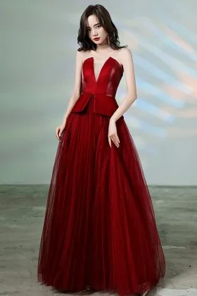 stylish lipstick red strapless V neck prom dress