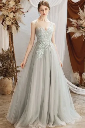 demure light grey tulle with lace appliques dress