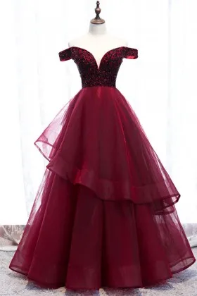 black beads adorned wine layered tulle prom dress