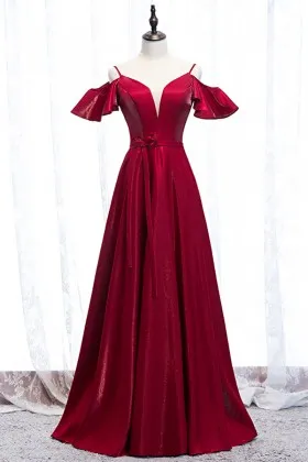 feminine glossy red satin cold shoulder prom dress