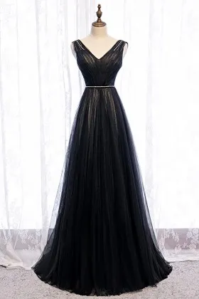 modest black tulle with nude lining long prom dress