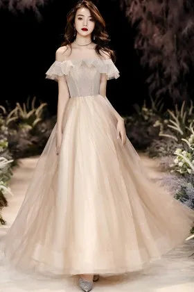 princess nude glitter ruffed off shoulder prom gown