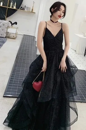 modern black glitter V neck ruffled skirt prom gown