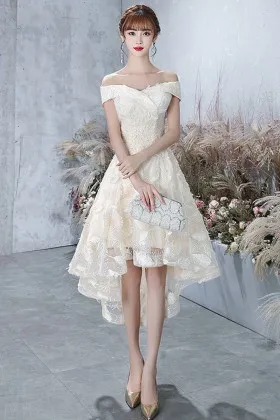 leaves patterned cream lace tulle high low dress