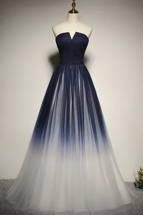 elegant navy to white strapless V neck prom dress