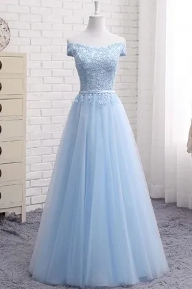 baby blue off the shoulder a line bridesmaid dress