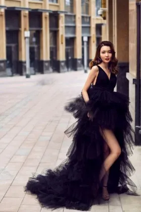 black ruffled tiered tulle cool high low prom dress