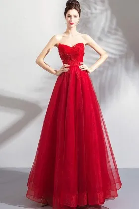 Strapless V neckline red lace and tulle prom dress