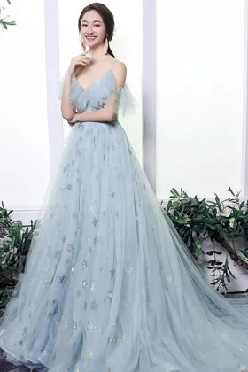 fairy gold stars embellished pale blue prom dress
