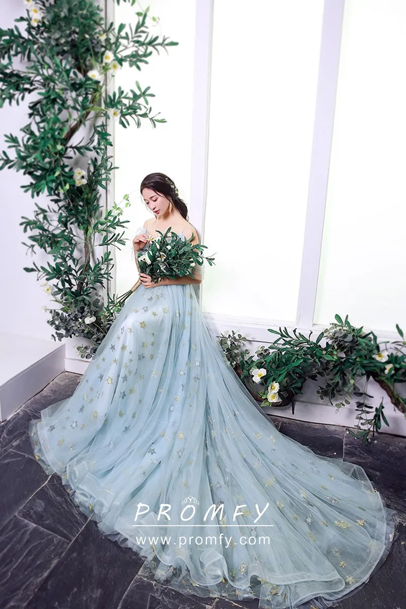 blue dress with gold stars