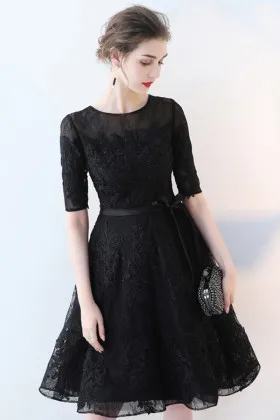 open lace back dress Long Sleeves Knee Length Short Blue Lace Prom Dresses, Knee Length Lon –  jbydress main image 0