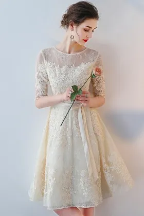champagne lace half sleeves knee length homecoming party dress