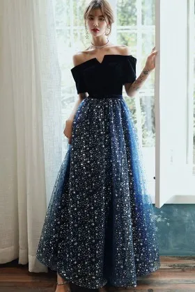 fashion dark navy off shoulder sleeves mini stars prom gown