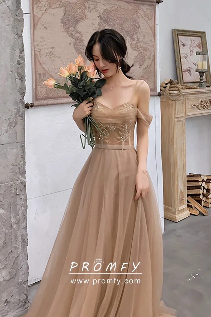 Bronze Tulle Beaded Cold Shoulder 