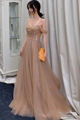 bronze tulle beaded cold shoulder refined prom gown