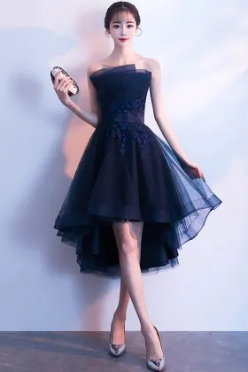 asymmetrical neckline navy organza high low dress