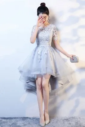 pale blue lace organza high low graduation dress