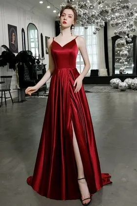 glossy red satin spaghetti straps slit prom dress