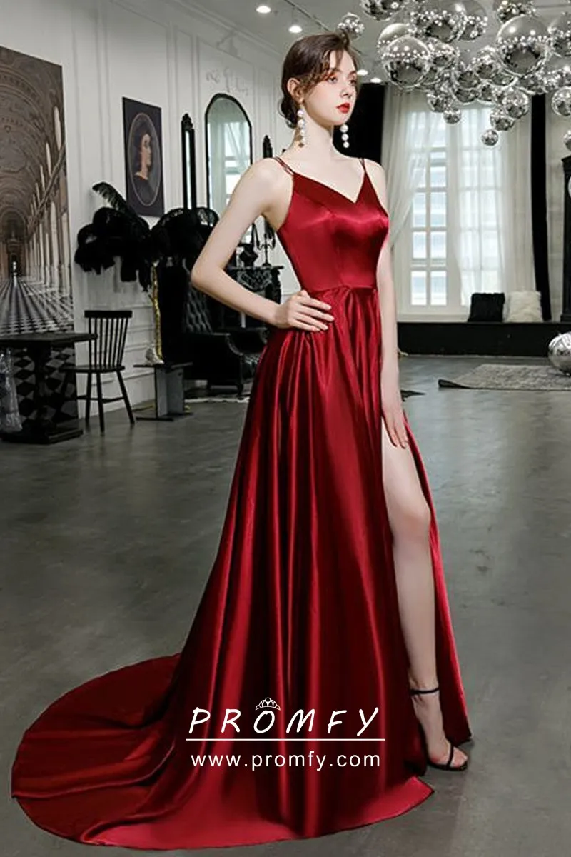 Double Thigh-high Slits Sexy Red Satin Prom Dress - Promfy