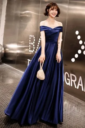 sleek dark blue satin off the shoulder formal dress
