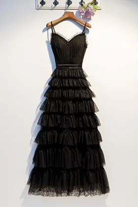 dramatic tiered black tulle a line party dress