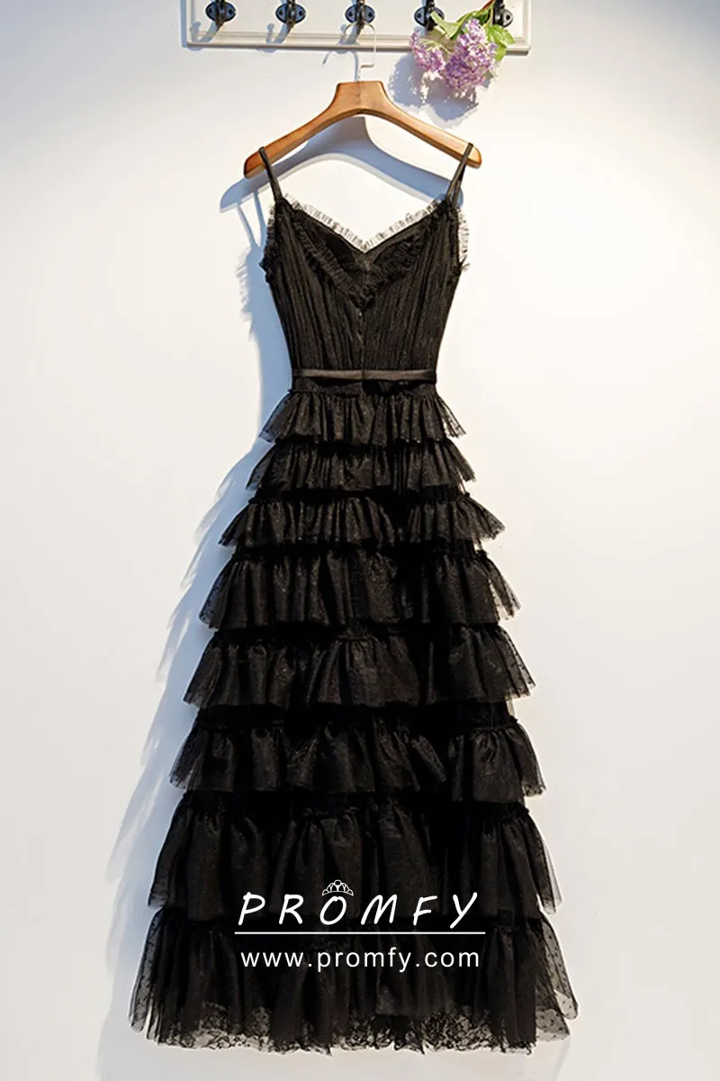 Dramatic Tiered Black Tulle A-line Party Dress - Promfy
