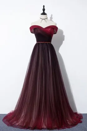elaborate burgundy tulle off the shoulder prom gown