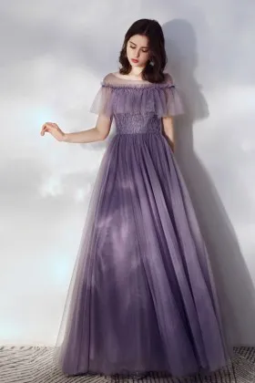 dusk purple off the shoulder tulle prom dress