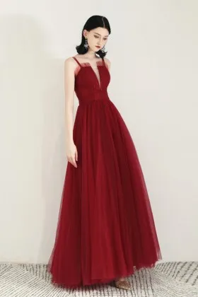 fashion red tulle V neck thin straps formal dress