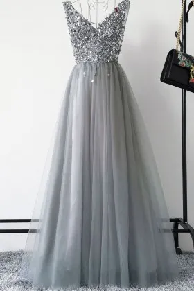 Glistening silver sequin grey tulle long prom dress