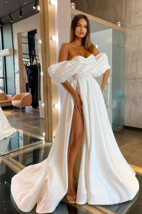 Draped ivory satin off the shoulder slit prom dress