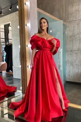 Draped off the shoulder red high slit prom dress