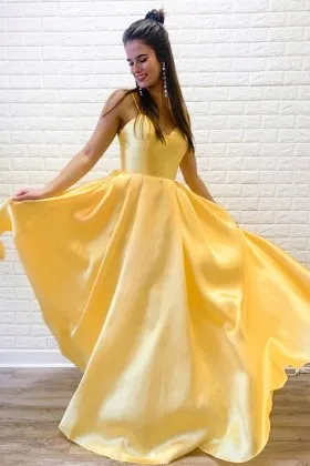 fabulous yellow satin sweetheart long prom dress
