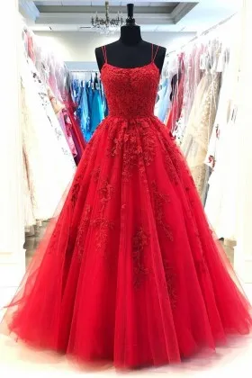 graceful lace appliqued red tulle prom formal gown