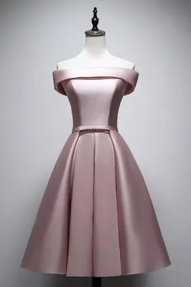 nude pink satin short off shoulder homecoming dress