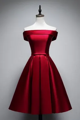 demure red satin off shoulder short cocktail dress