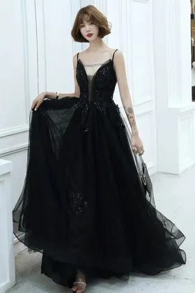 trendy beaded black lace tulle plunging neck dress