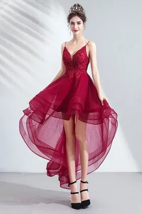 cute beaded ruby lace tulle high low cocktail dress