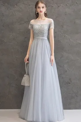 timeless sequins grey tulle short sleeves prom gown